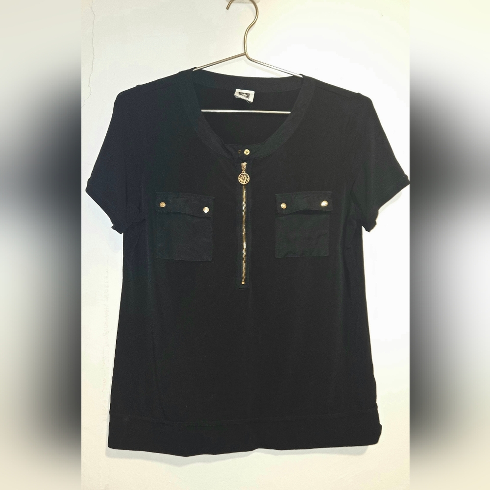 Vintage Anne Klien Dressy Tee w/ Gold Tiger zipper Button Pkts, Silk Cap Sleeves